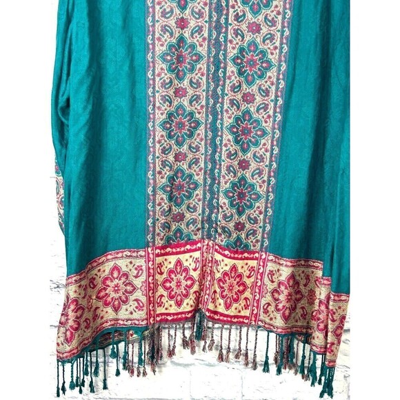 Time For Me Women Sz XL Turquoise Brocade Kimono Boho Print Cardigan Fringe T4 - Picture 5 of 12
